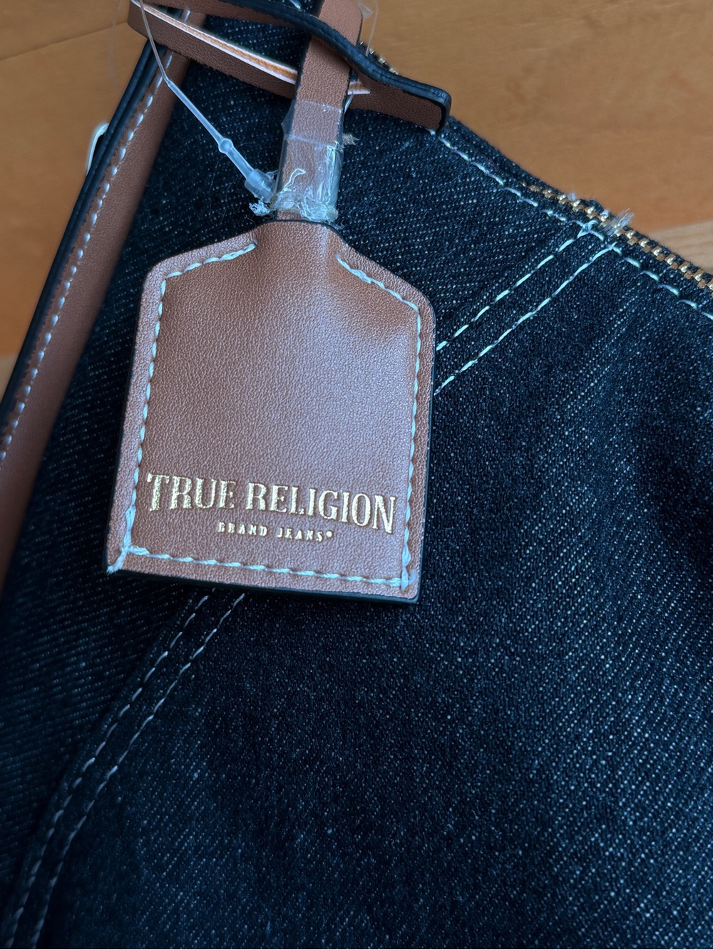 True ReligionBlack Y2K westernDenim Shoulder Bag/Brown Trim&Embroidered Logo NWT - Picture 7 of 9